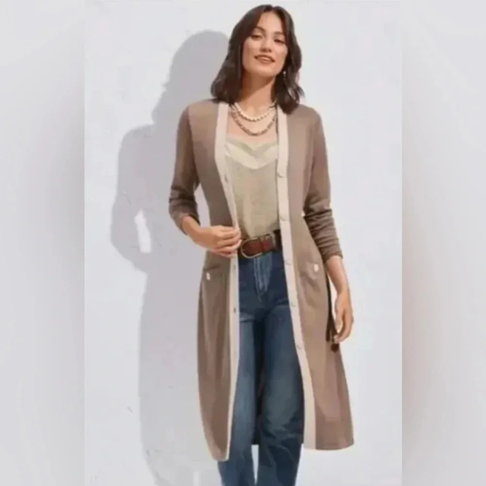 Cabi Genteel Button Front Long Cardigan Beige Ivory Trim Belt Small Neutral Read
